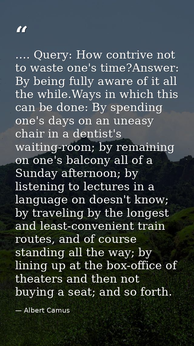 …. Query: How contrive not to waste one's time?Answer: By being fully aware of it all the while.Ways in which this can b — Albert Camus