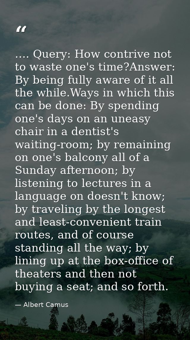 …. Query: How contrive not to waste one's time?Answer: By being fully aware of it all the while.Ways in which this can b — Albert Camus