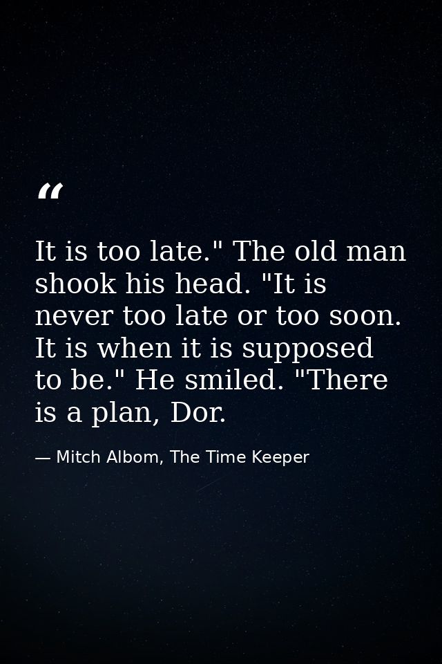 It is too late." The old man shook his head. "It is never too late or too soon. It is when it is supposed to be." He smi — Mitch Albom, The Time Keeper