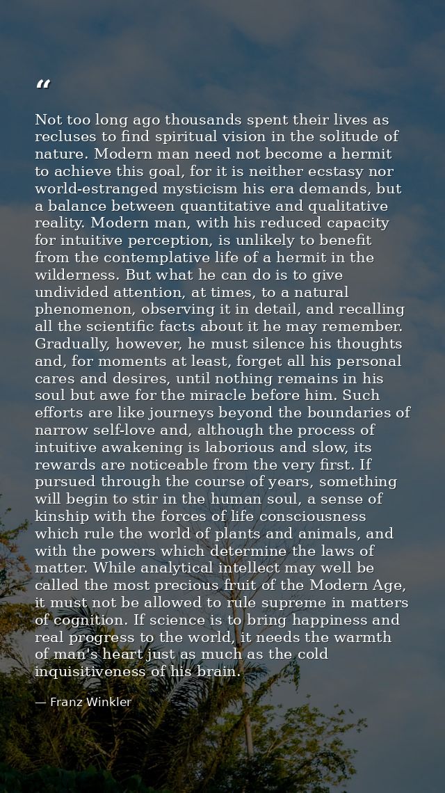 Not too long ago thousands spent their lives as recluses to find spiritual vision in the solitude of nature. Modern man  — Franz Winkler