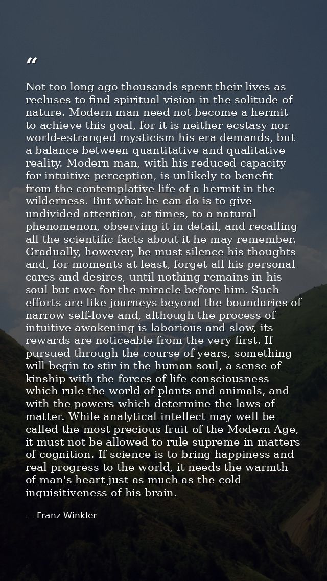Not too long ago thousands spent their lives as recluses to find spiritual vision in the solitude of nature. Modern man  — Franz Winkler