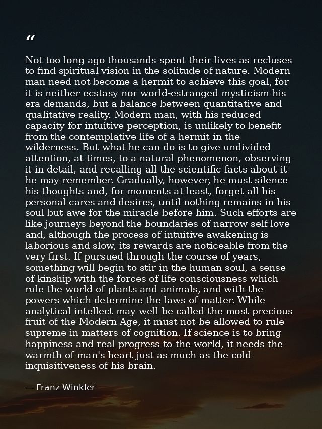 Not too long ago thousands spent their lives as recluses to find spiritual vision in the solitude of nature. Modern man  — Franz Winkler