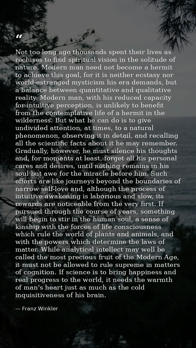 Not too long ago thousands spent their lives as recluses to find spiritual vision in the solitude of nature. Modern man  — Franz Winkler