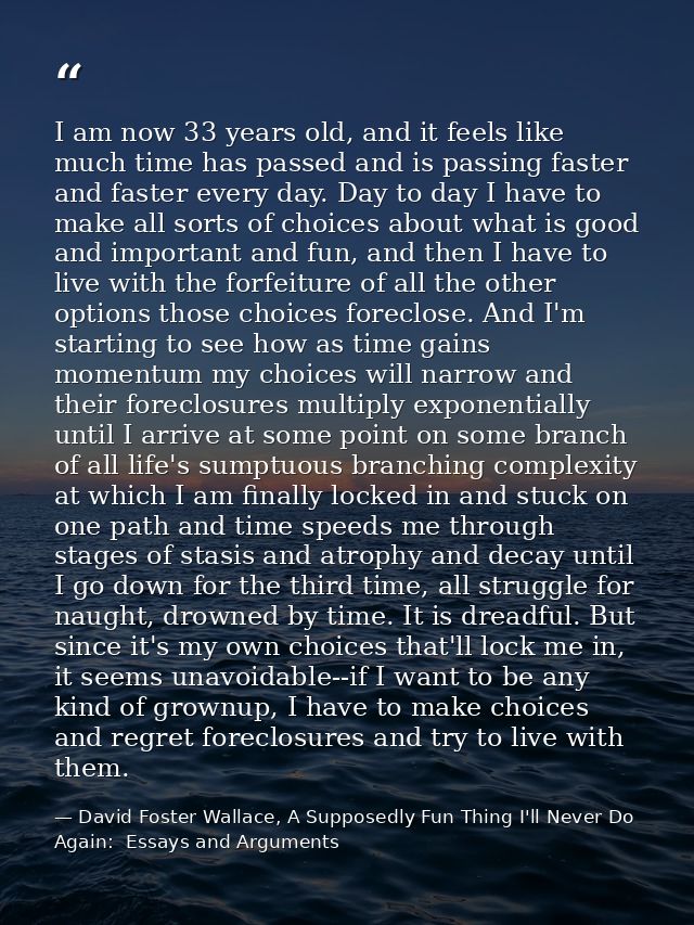 I am now 33 years old, and it feels like much time has passed and is passing faster and faster every day. Day to day I h — David Foster Wallace, A Supposedly Fun Thing I'll Never Do Again:  Essays and Arguments