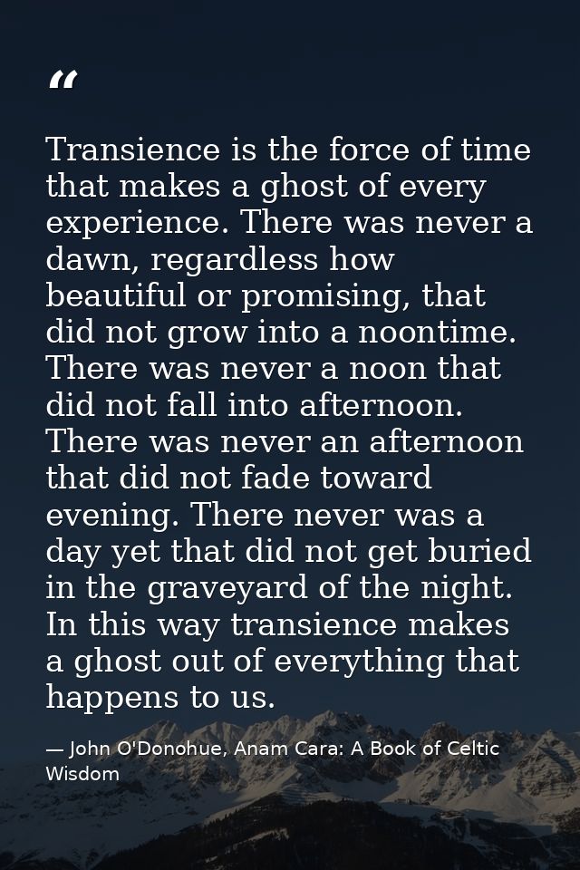 Transience is the force of time that makes a ghost of every experience. There was never a dawn, regardless how beautiful — John O'Donohue, Anam Cara: A Book of Celtic Wisdom