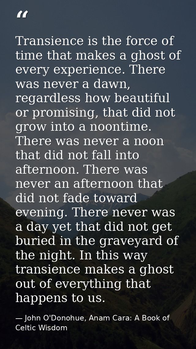 Transience is the force of time that makes a ghost of every experience. There was never a dawn, regardless how beautiful — John O'Donohue, Anam Cara: A Book of Celtic Wisdom