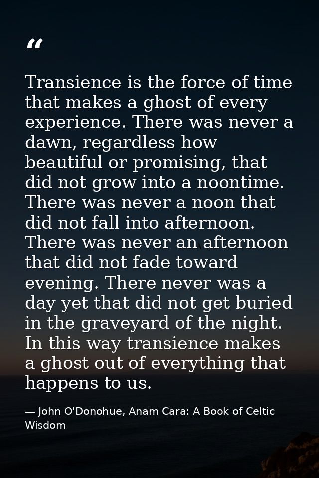 Transience is the force of time that makes a ghost of every experience. There was never a dawn, regardless how beautiful — John O'Donohue, Anam Cara: A Book of Celtic Wisdom