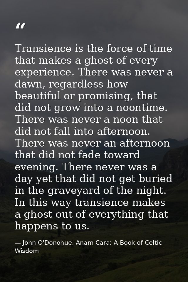 Transience is the force of time that makes a ghost of every experience. There was never a dawn, regardless how beautiful — John O'Donohue, Anam Cara: A Book of Celtic Wisdom