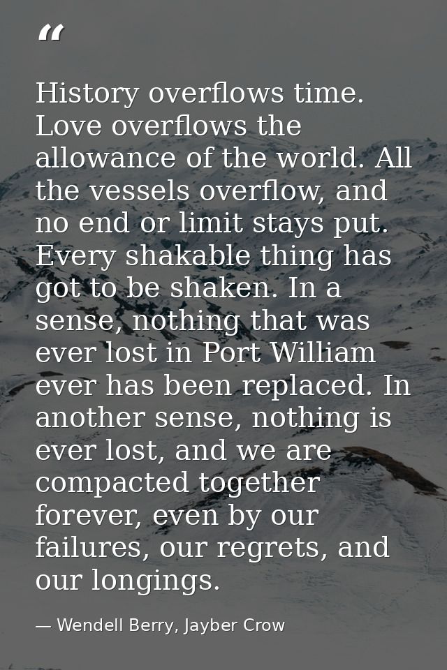History overflows time. Love overflows the allowance of the world. All the vessels overflow, and no end or limit stays p — Wendell Berry, Jayber Crow