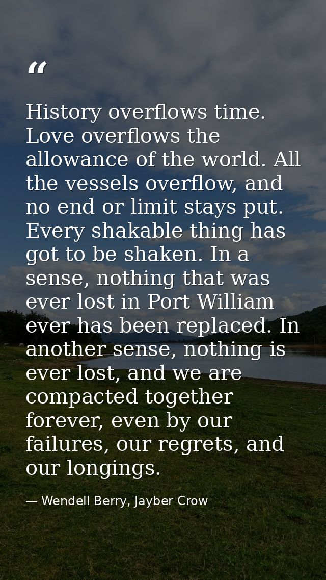 History overflows time. Love overflows the allowance of the world. All the vessels overflow, and no end or limit stays p — Wendell Berry, Jayber Crow