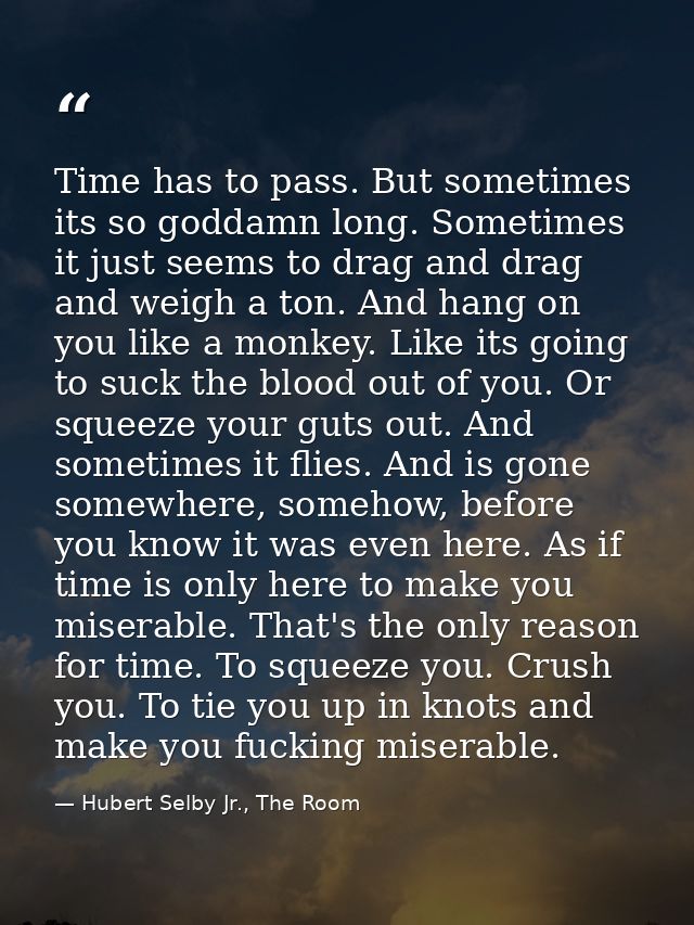 Time has to pass. But sometimes its so goddamn long. Sometimes it just seems to drag and drag and weigh a ton. And hang  — Hubert Selby Jr., The Room