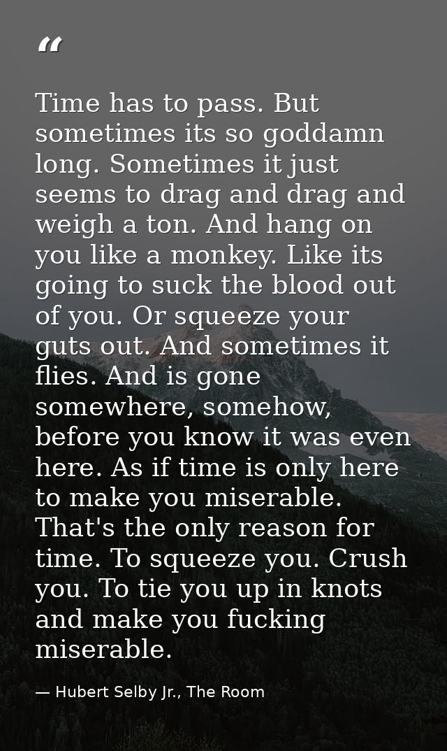 Time has to pass. But sometimes its so goddamn long. Sometimes it just seems to drag and drag and weigh a ton. And hang  — Hubert Selby Jr., The Room