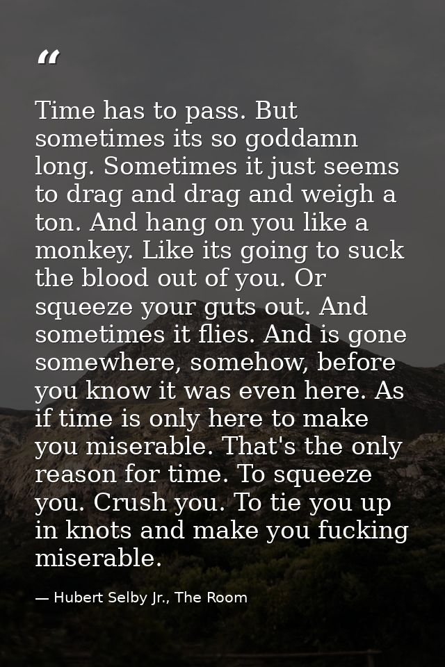 Time has to pass. But sometimes its so goddamn long. Sometimes it just seems to drag and drag and weigh a ton. And hang  — Hubert Selby Jr., The Room