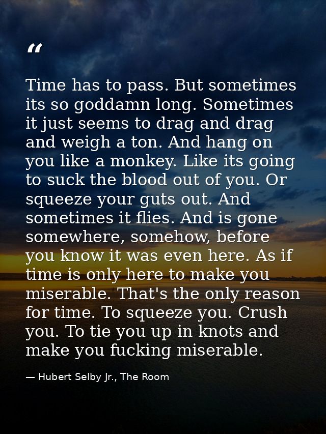 Time has to pass. But sometimes its so goddamn long. Sometimes it just seems to drag and drag and weigh a ton. And hang  — Hubert Selby Jr., The Room