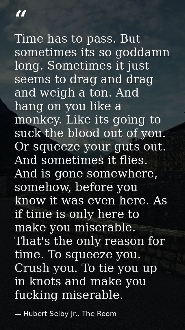 Time has to pass. But sometimes its so goddamn long. Sometimes it just seems to drag and drag and weigh a ton. And hang  — Hubert Selby Jr., The Room