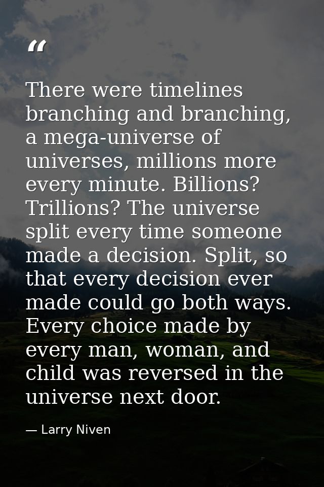 There were timelines branching and branching, a mega-universe of universes, millions more every minute. Billions? Trilli — Larry Niven