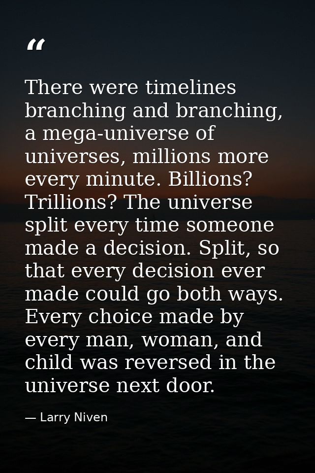 There were timelines branching and branching, a mega-universe of universes, millions more every minute. Billions? Trilli — Larry Niven