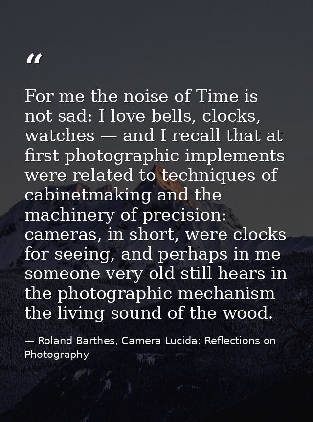 For me the noise of Time is not sad: I love bells, clocks, watches — and I recall that at first photographic implements  — Roland Barthes, Camera Lucida: Reflections on Photography