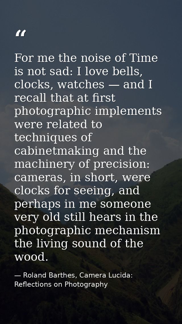For me the noise of Time is not sad: I love bells, clocks, watches — and I recall that at first photographic implements  — Roland Barthes, Camera Lucida: Reflections on Photography