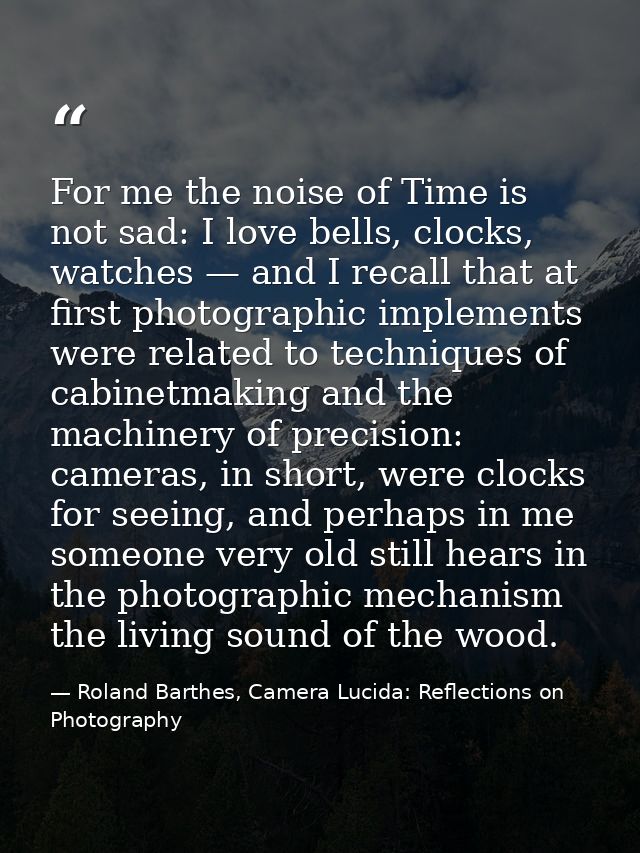 For me the noise of Time is not sad: I love bells, clocks, watches — and I recall that at first photographic implements  — Roland Barthes, Camera Lucida: Reflections on Photography