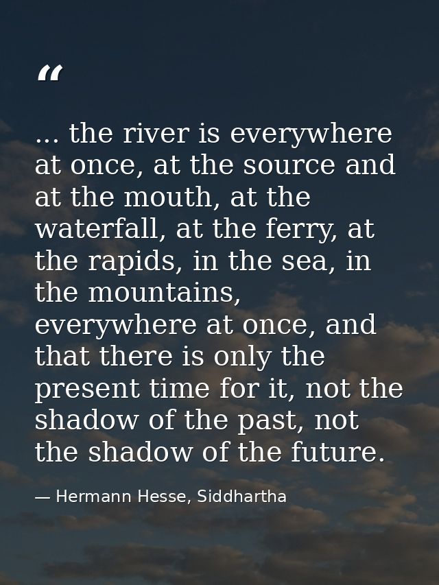 ... the river is everywhere at once, at the source and at the mouth, at the waterfall, at the ferry, at the rapids, in t — Hermann Hesse, Siddhartha
