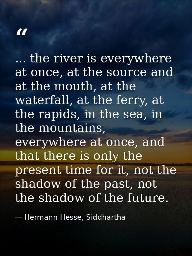 ... the river is everywhere at once, at the source and at the mouth, at the waterfall, at the ferry, at the rapids, in t — Hermann Hesse, Siddhartha