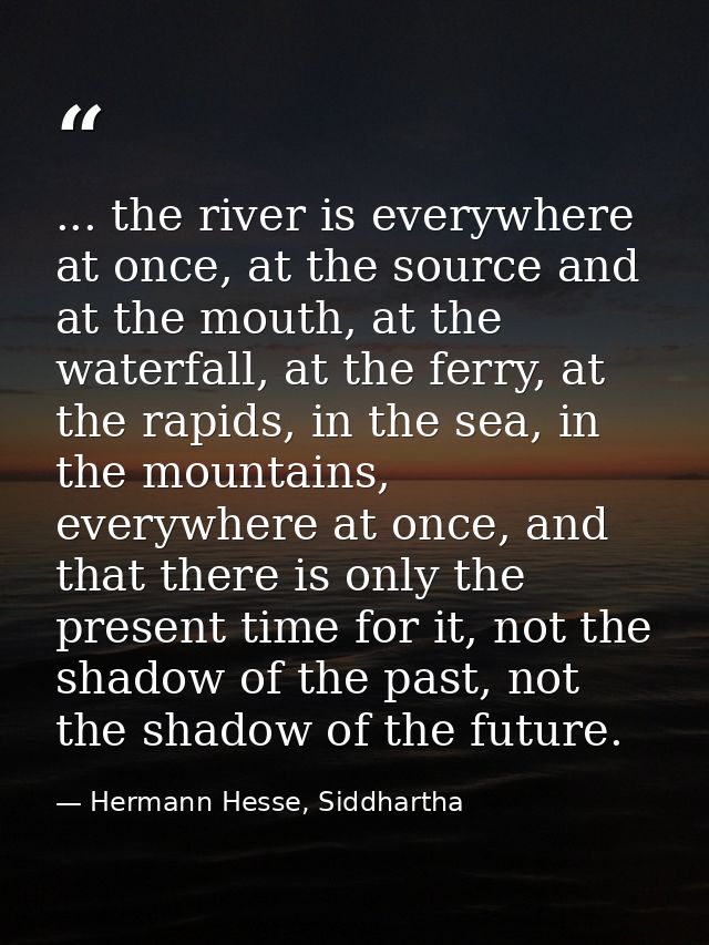 ... the river is everywhere at once, at the source and at the mouth, at the waterfall, at the ferry, at the rapids, in t — Hermann Hesse, Siddhartha
