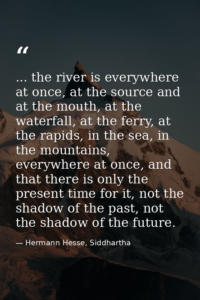 ... the river is everywhere at once, at the source and at the mouth, at the waterfall, at the ferry, at the rapids, in t — Hermann Hesse, Siddhartha