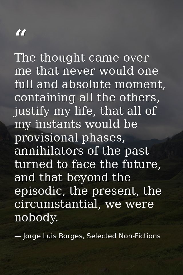 The thought came over me that never would one full and absolute moment, containing all the others, justify my life, that — Jorge Luis Borges, Selected Non-Fictions