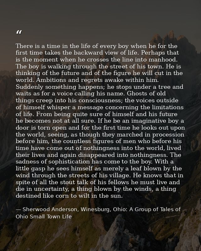There is a time in the life of every boy when he for the first time takes the backward view of life. Perhaps that is the — Sherwood Anderson, Winesburg, Ohio: A Group of Tales of Ohio Small Town Life