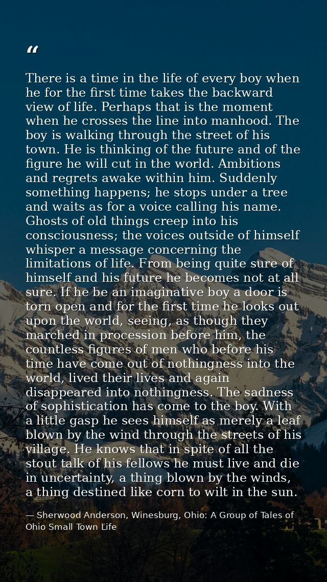 There is a time in the life of every boy when he for the first time takes the backward view of life. Perhaps that is the — Sherwood Anderson, Winesburg, Ohio: A Group of Tales of Ohio Small Town Life