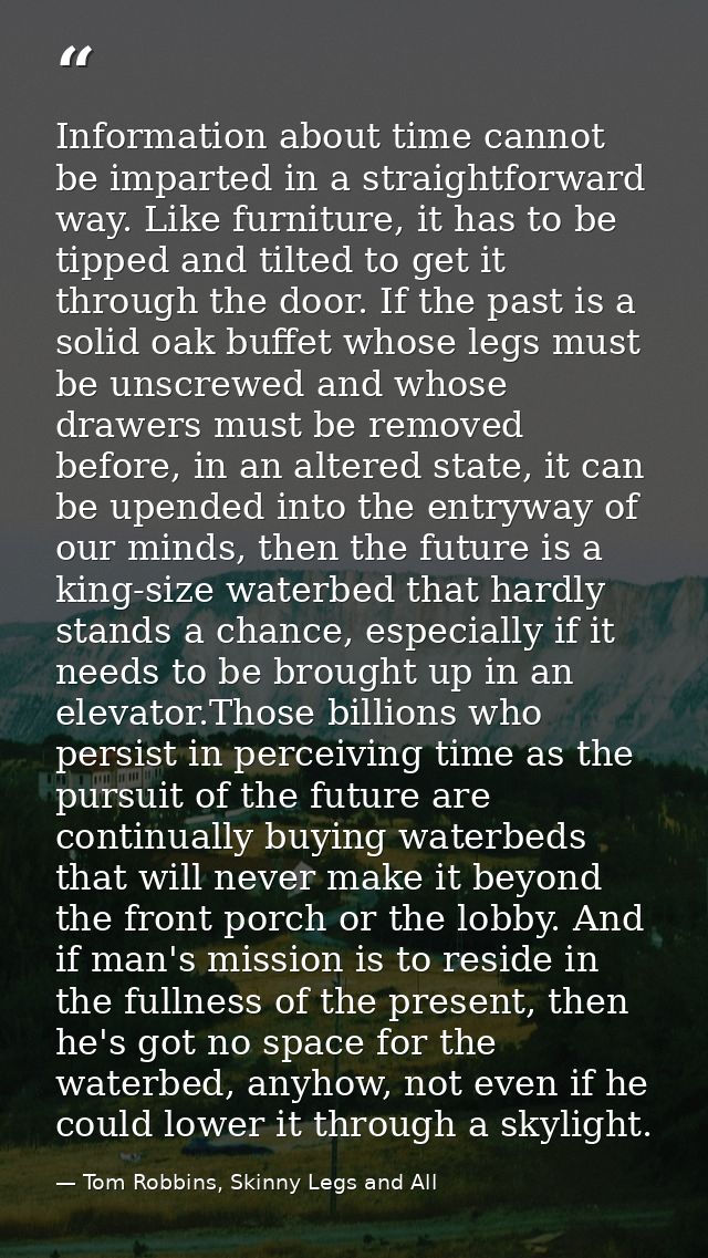 Information about time cannot be imparted in a straightforward way. Like furniture, it has to be tipped and tilted to ge — Tom Robbins, Skinny Legs and All