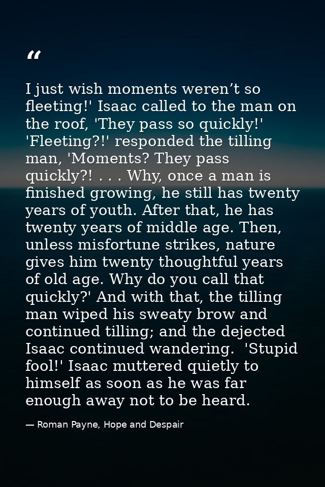 I just wish moments weren’t so fleeting!' Isaac called to the man on the roof, 'They pass so quickly!' 'Fleeting?!' resp — Roman Payne, Hope and Despair