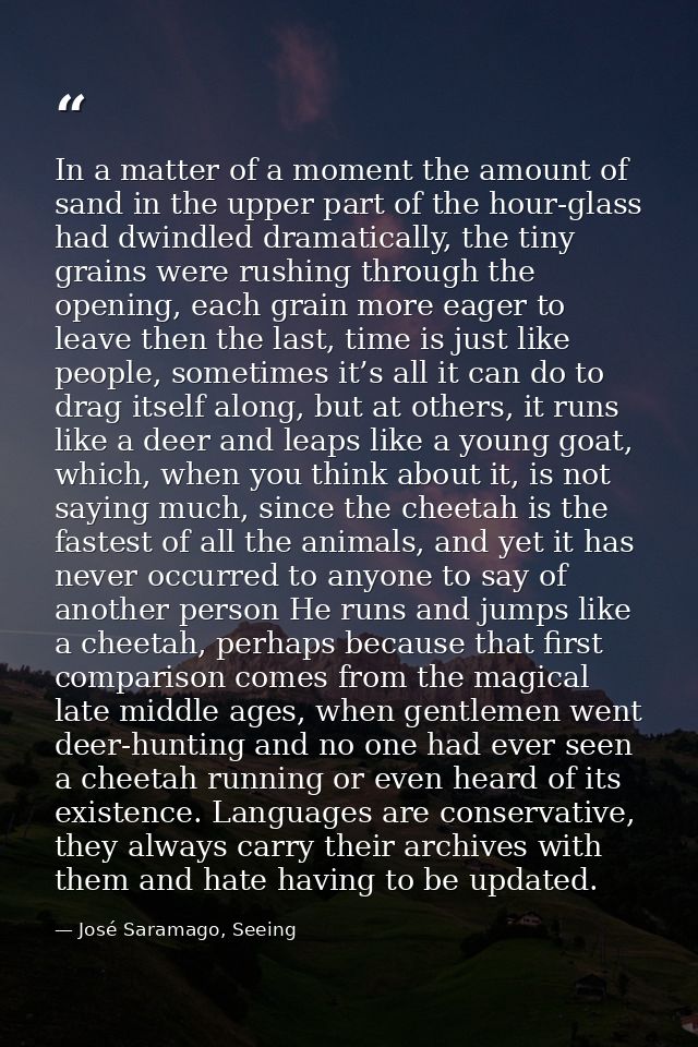 In a matter of a moment the amount of sand in the upper part of the hour-glass had dwindled dramatically, the tiny grain — José Saramago, Seeing