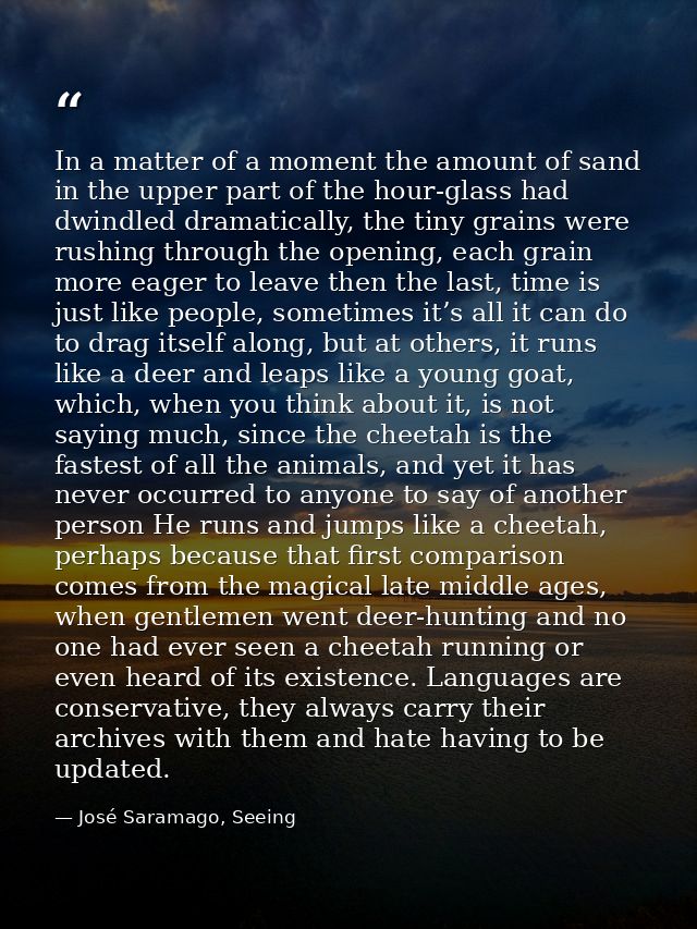 In a matter of a moment the amount of sand in the upper part of the hour-glass had dwindled dramatically, the tiny grain — José Saramago, Seeing