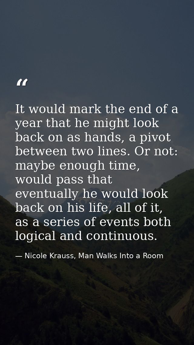 It would mark the end of a year that he might look back on as hands, a pivot between two lines. Or not: maybe enough tim — Nicole Krauss, Man Walks Into a Room