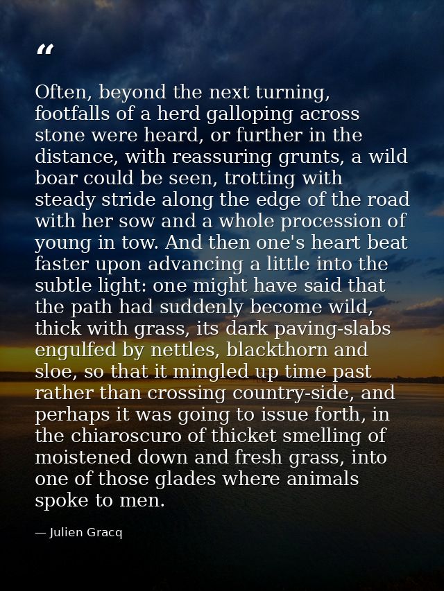 Often, beyond the next turning, footfalls of a herd galloping across stone were heard, or further in the distance, with  — Julien Gracq