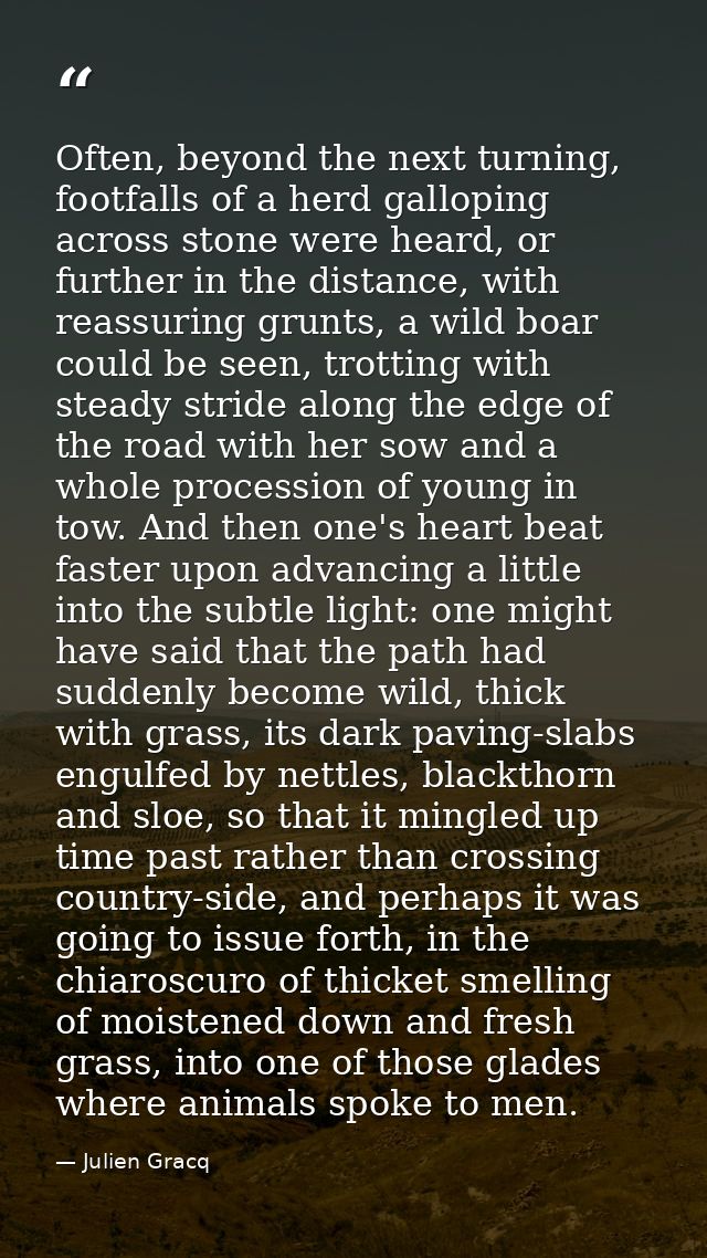 Often, beyond the next turning, footfalls of a herd galloping across stone were heard, or further in the distance, with  — Julien Gracq
