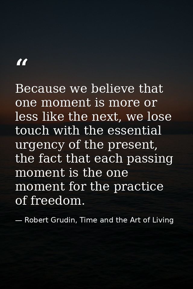 Because we believe that one moment is more or less like the next, we lose touch with the essential urgency of the presen — Robert Grudin, Time and the Art of Living