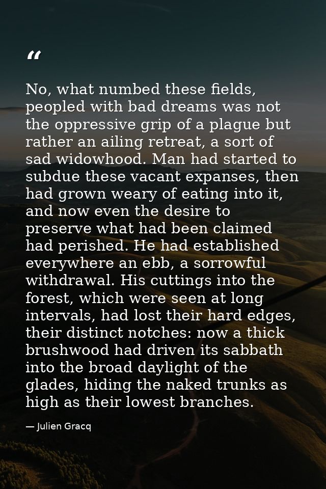 No, what numbed these fields, peopled with bad dreams was not the oppressive grip of a plague but rather an ailing retre — Julien Gracq