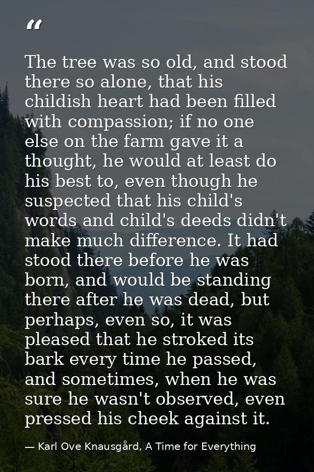 The tree was so old, and stood there so alone, that his childish heart had been filled with compassion; if no one else o — Karl Ove Knausgård, A Time for Everything