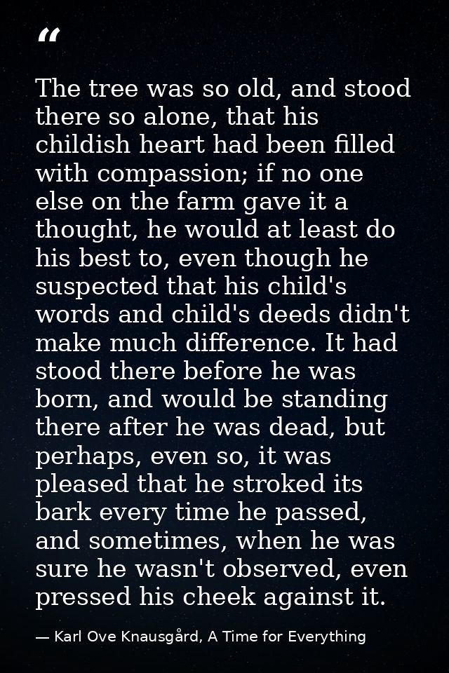 The tree was so old, and stood there so alone, that his childish heart had been filled with compassion; if no one else o — Karl Ove Knausgård, A Time for Everything