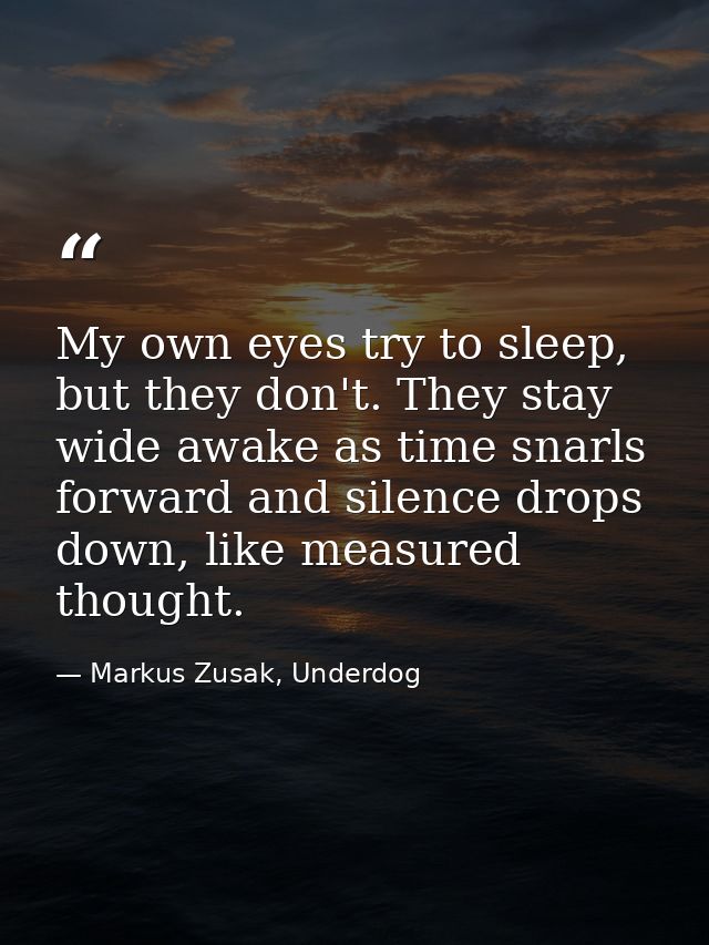 My own eyes try to sleep, but they don't. They stay wide awake as time snarls forward and silence drops down, like measu — Markus Zusak, Underdog