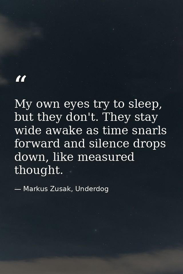 My own eyes try to sleep, but they don't. They stay wide awake as time snarls forward and silence drops down, like measu — Markus Zusak, Underdog