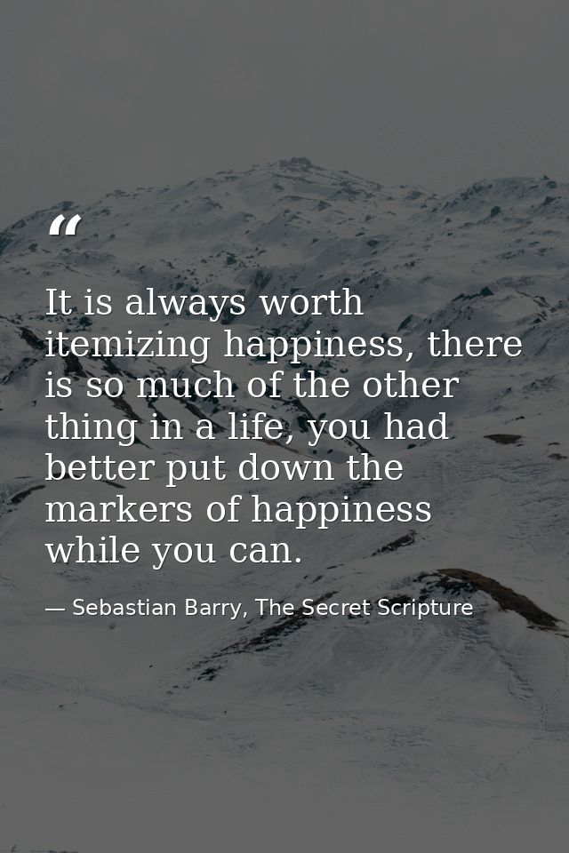 It is always worth itemizing happiness, there is so much of the other thing in a life, you had better put down the marke — Sebastian Barry, The Secret Scripture