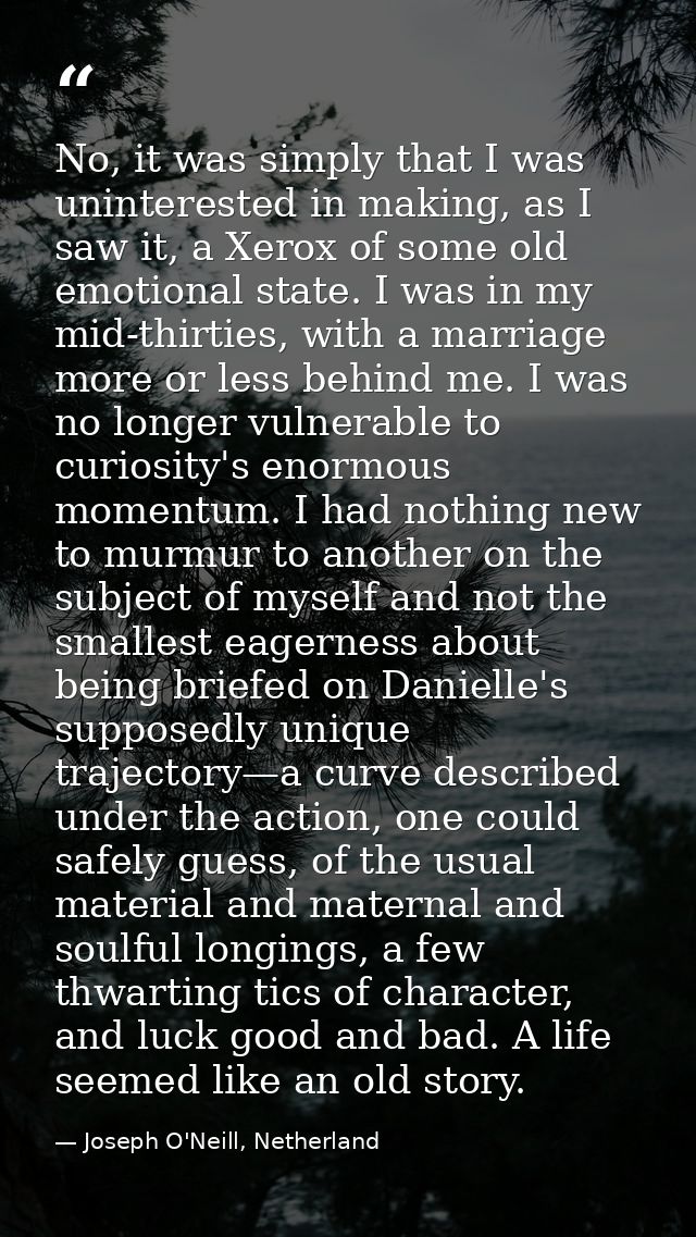 No, it was simply that I was uninterested in making, as I saw it, a Xerox of some old emotional state. I was in my mid-t — Joseph O'Neill, Netherland
