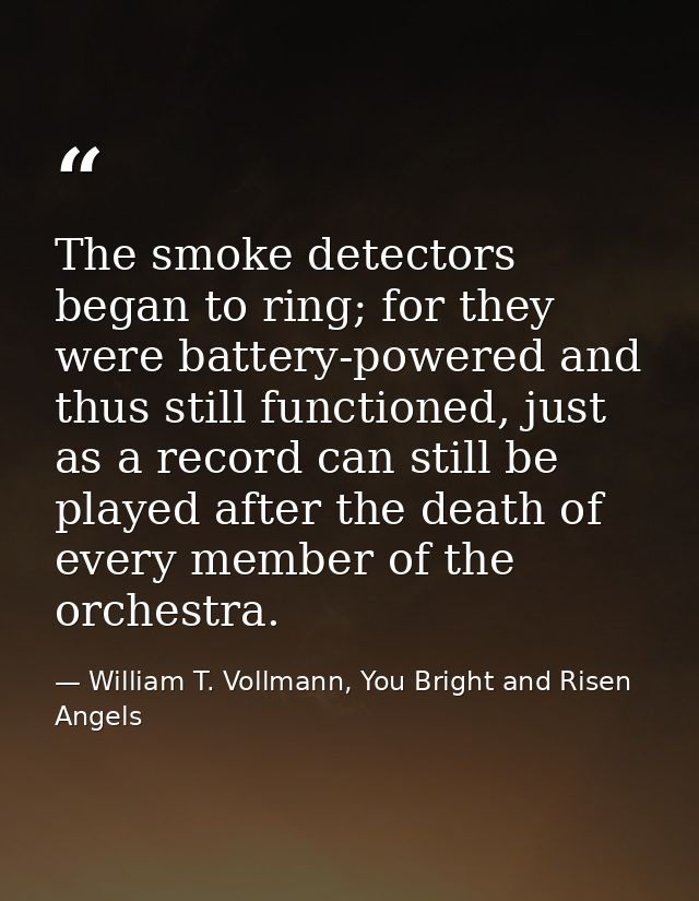 The smoke detectors began to ring; for they were battery-powered and thus still functioned, just as a record can still b — William T. Vollmann, You Bright and Risen Angels