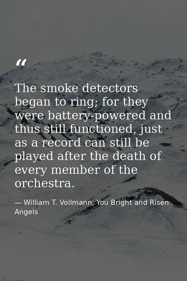 The smoke detectors began to ring; for they were battery-powered and thus still functioned, just as a record can still b — William T. Vollmann, You Bright and Risen Angels