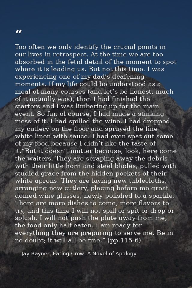Too often we only identify the crucial points in our lives in retrospect. At the time we are too absorbed in the fetid d — Jay Rayner, Eating Crow: A Novel of Apology