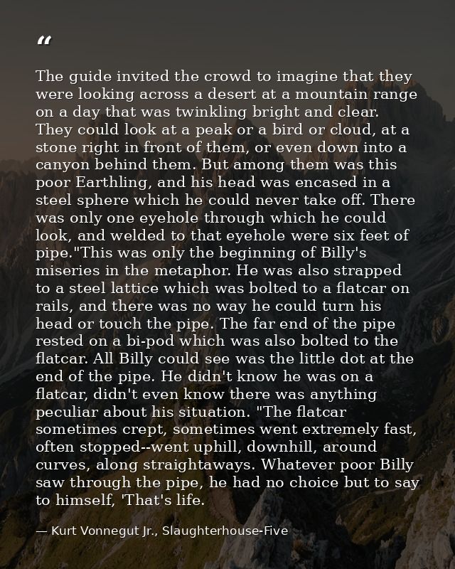 The guide invited the crowd to imagine that they were looking across a desert at a mountain range on a day that was twin — Kurt Vonnegut Jr., Slaughterhouse-Five
